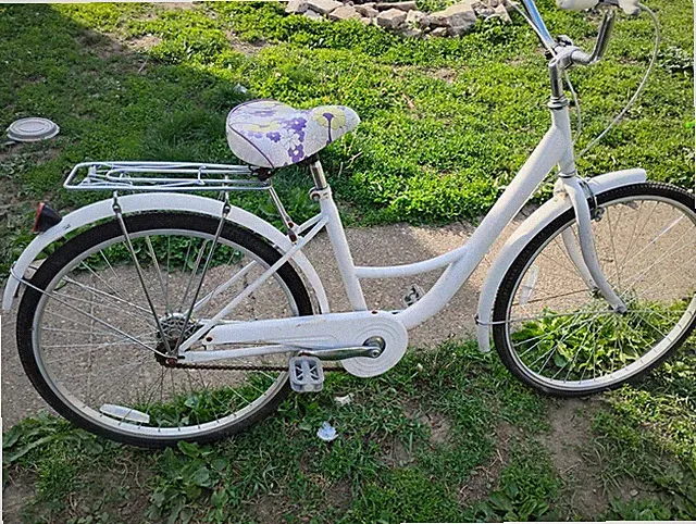 Women's 26" Cruiser Bike White/Purple Floral Seat Rear Rack Step-Through Steel